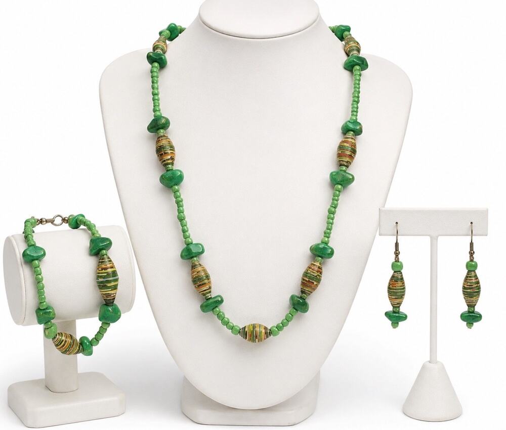 Vintage Teng Yue Paper Bead Jewelry Set Green Necklace Bracelet Earrings Boho